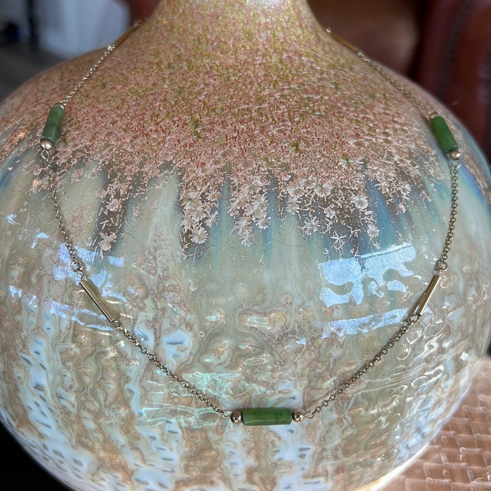 Vintage Gold Filled Necklace with Gold and Green Jade Bars.